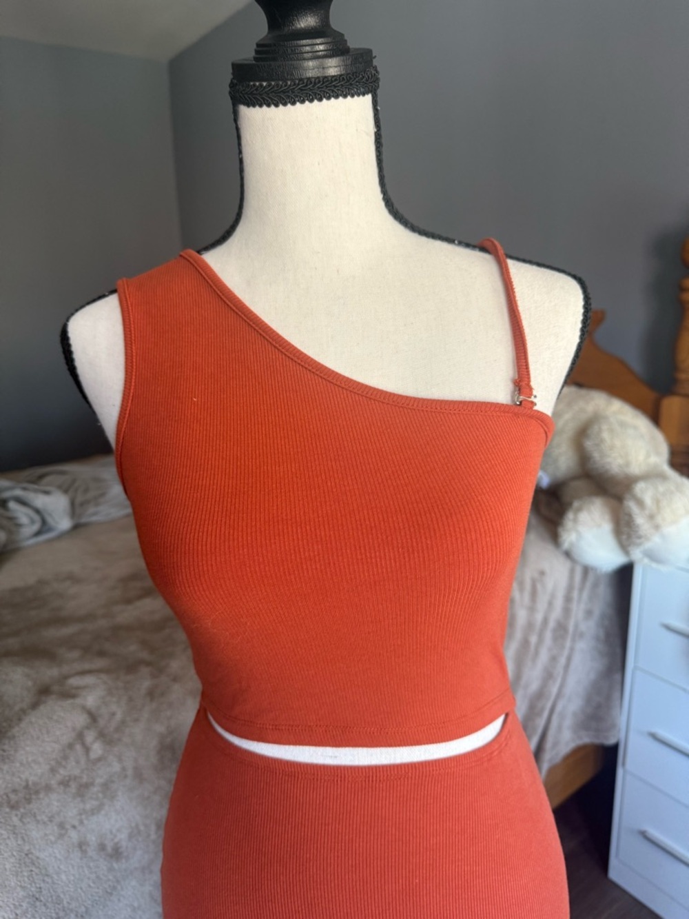 One-Shoulder Rust Orange Ribbed Maxi Dress - Picture 2 of 5